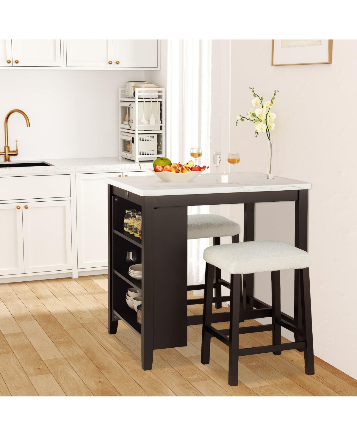 Clihome Transitional 3-Piece Dining Set with Gloss Tabletop, Storage Shelves, Usb Ports & 2 Upholstered Stools – Black/Ivory