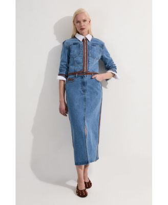 Women's Denim & Leather Collarless Jacket