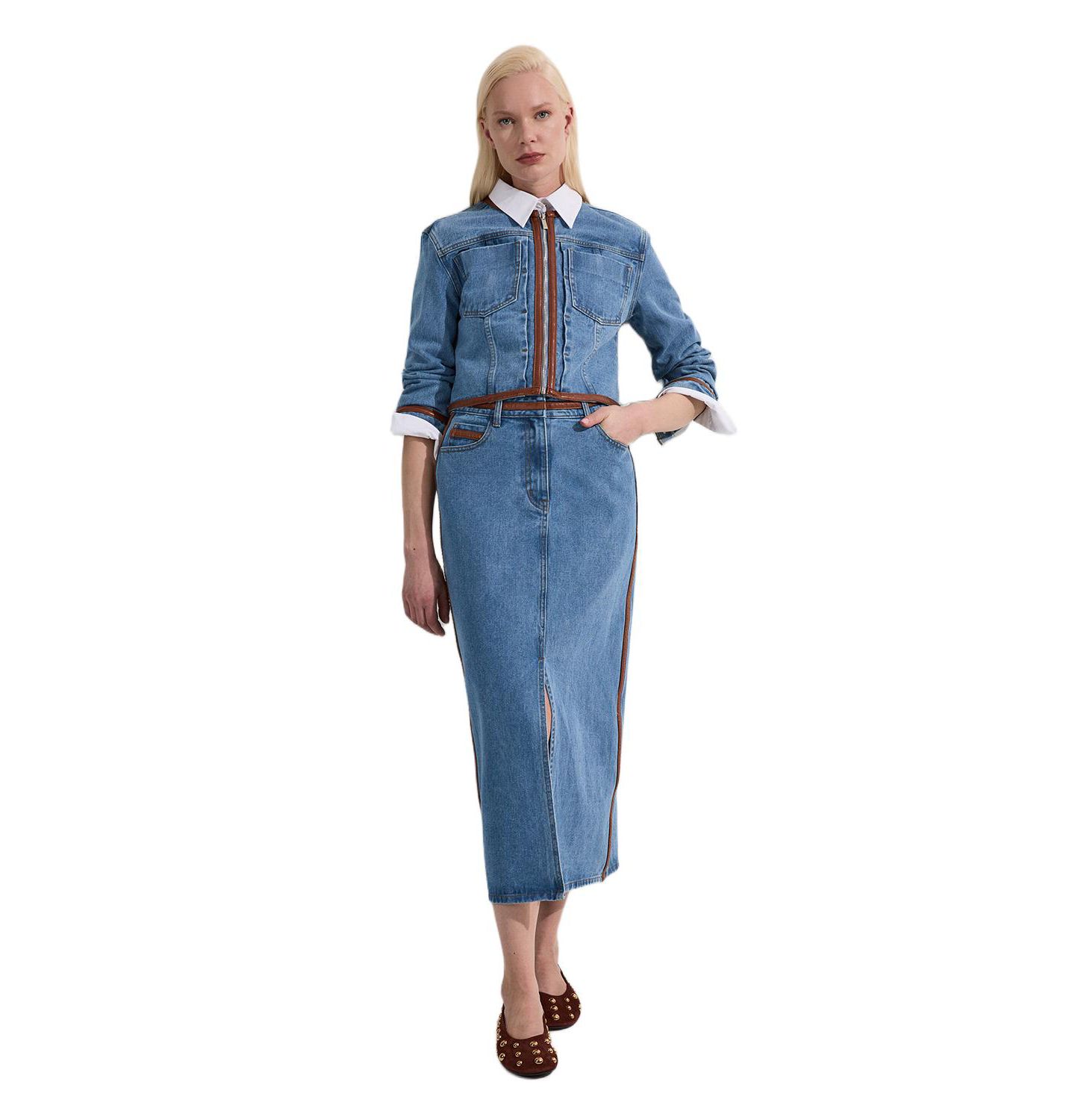Женская куртка Karen Millen Denim and Leather Collarless, цвет: Светлый синий — фото 1