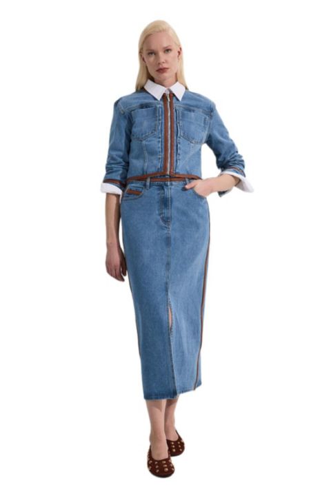 Женская куртка Karen Millen Denim and Leather Collarless, цвет: Светлый синий