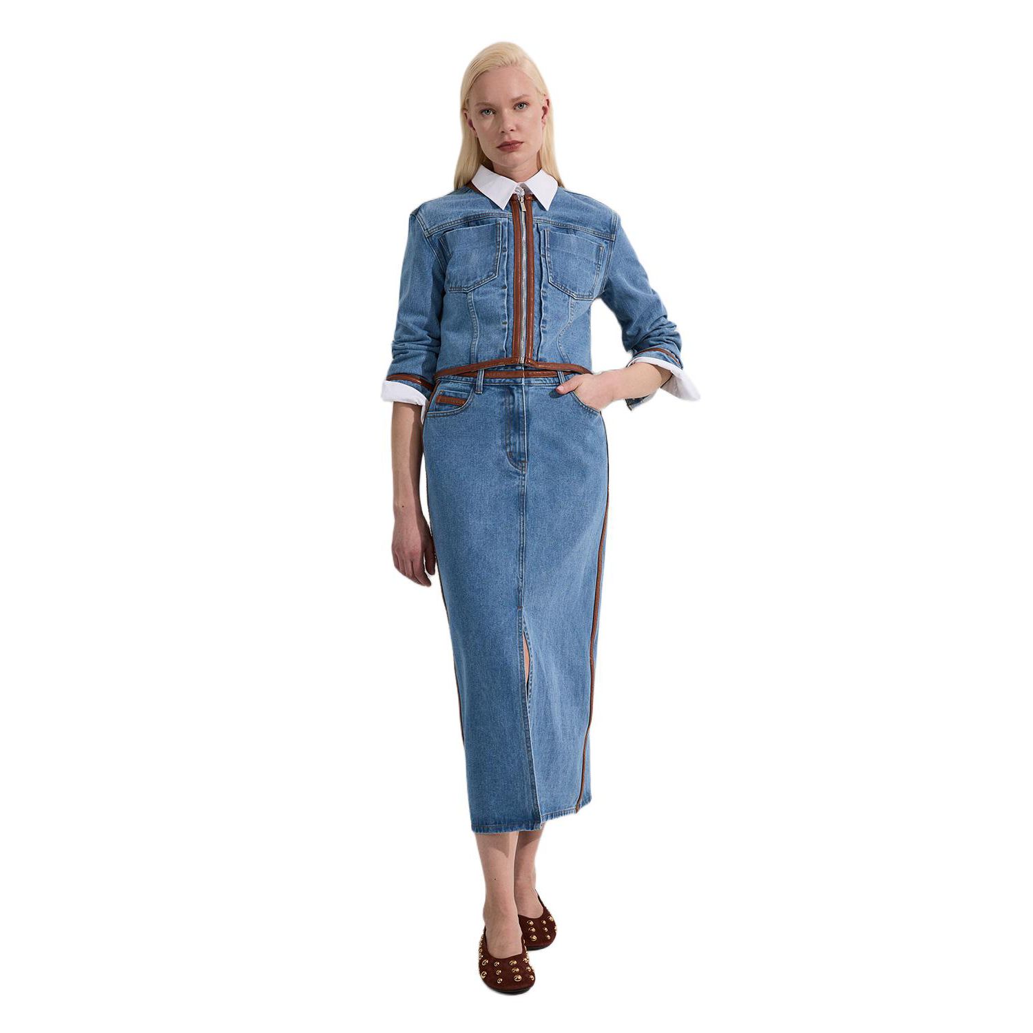 Women's Denim and Leather Collarless Jacket