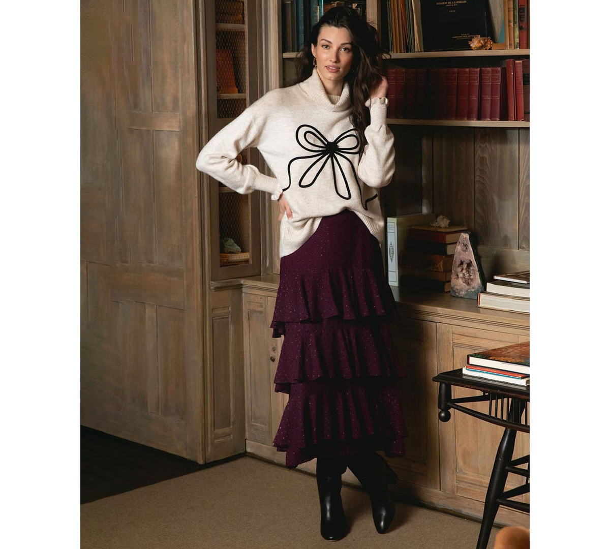 CeCe Women's Embroidered Ribbon Turtleneck Sweater