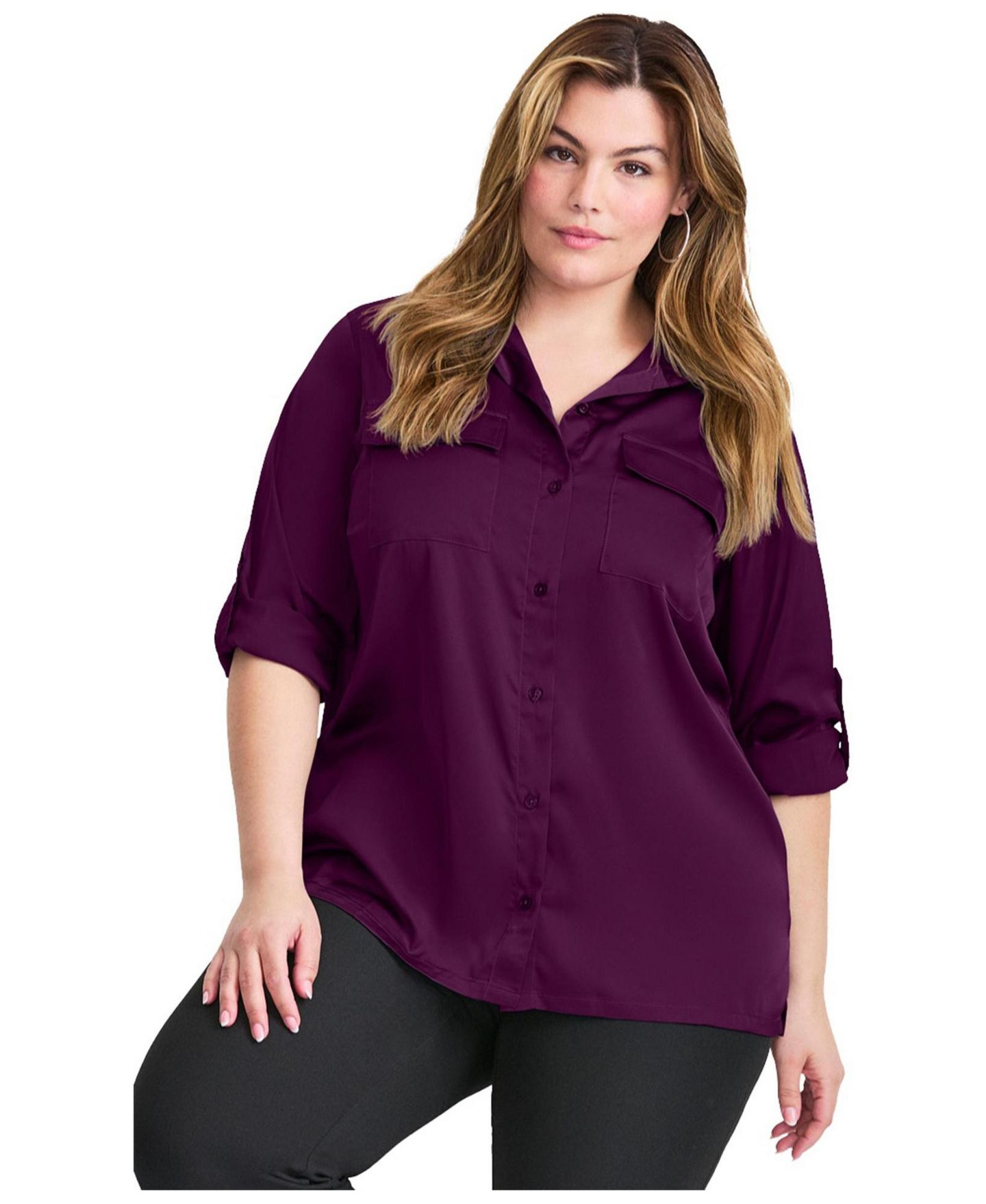 Женская рубашка Avenue Plus Size Sateen Utility, цвет: Глубокий ягодный — фото 1