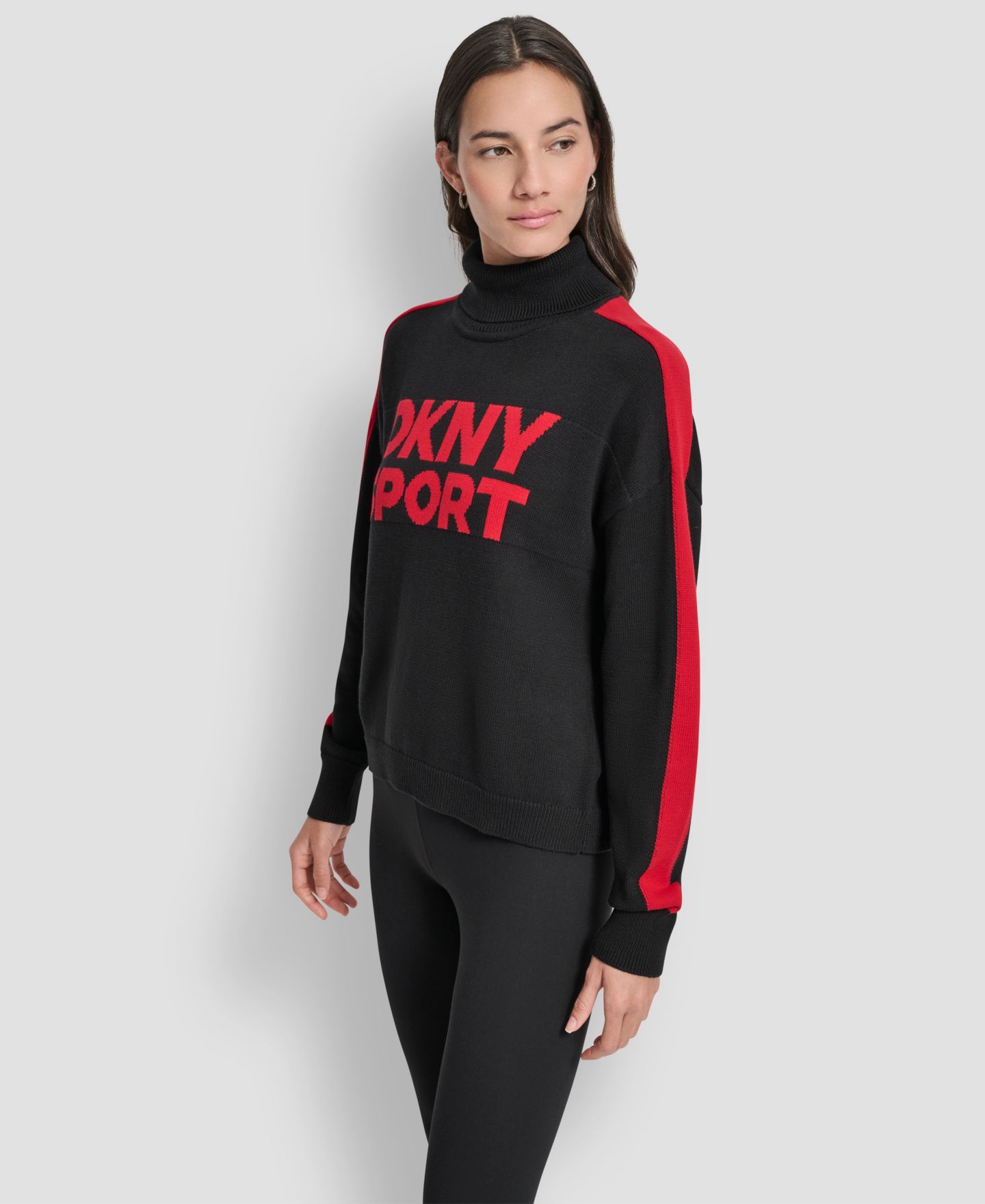 Женский свитер DKNY Sport DKNY Long-Sleeve Jacquard Logo, цвет: Чёрный / Малиновый — фото 2