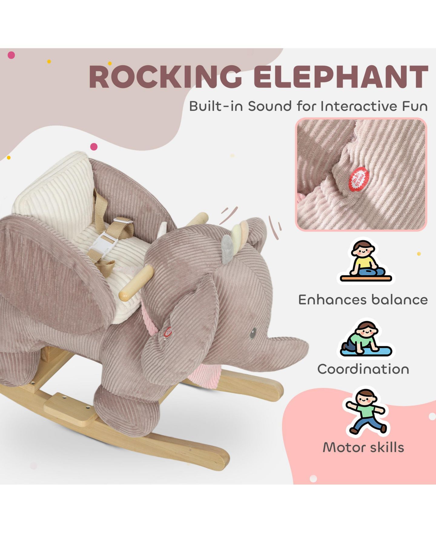 Детская мягкая игрушка Qaba Baby Rocking Elephant Plush with Realistic Sound Ride-On Toy, Ages 18-36 Months, цвет: Розовый — фото 4