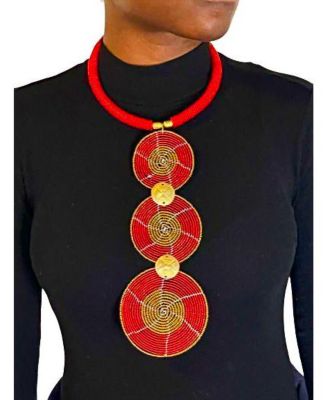 Mukiri Handcrafted African Beaded Necklace for Women – Kenyan Jewelry with Brass Shilling Accents, 3-Disc Tribal Design