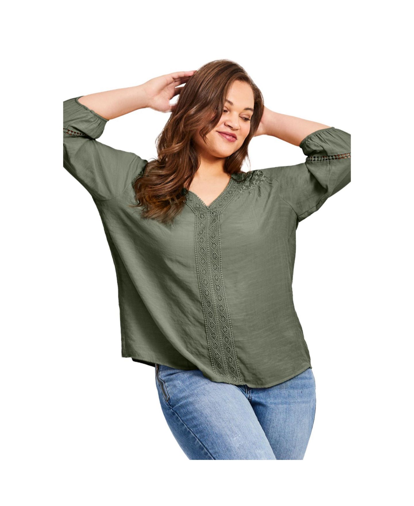 Женская блузка Avenue Plus Size Embroidered Lace Detail Peasant, цвет: Чёрный — фото 1