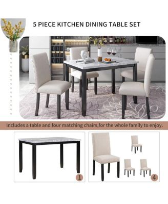 5-Piece Dining Set for 4 with Faux Marble Tabletop and Upholstered Chairs, Elegant Table Set for Kitchen or Dining Room-Maison Boucle