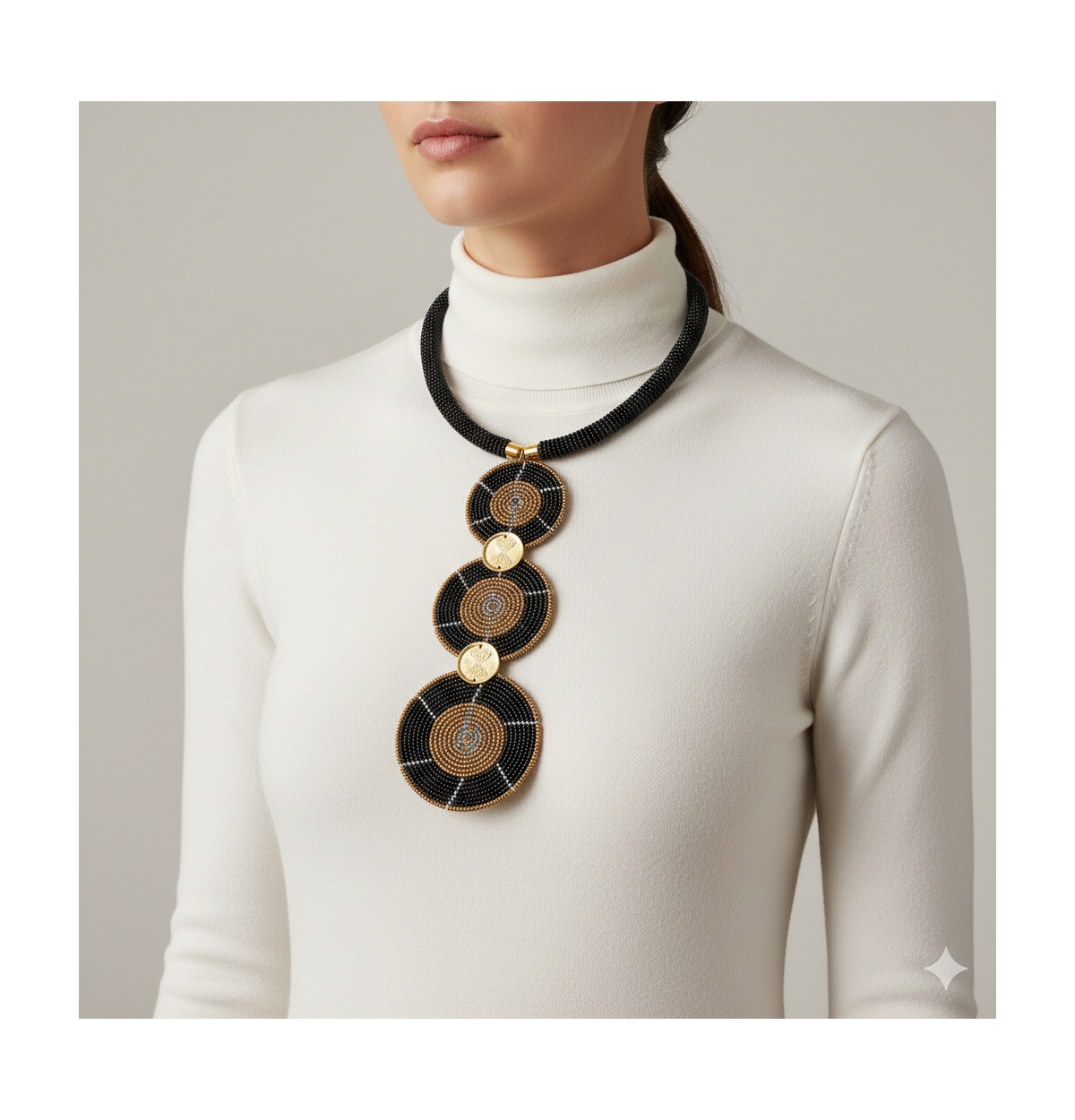 Mukiri Handcrafted African Beaded Necklace for Women – Kenyan Jewelry with Brass Shilling Accents, 3-Disc Tribal Design