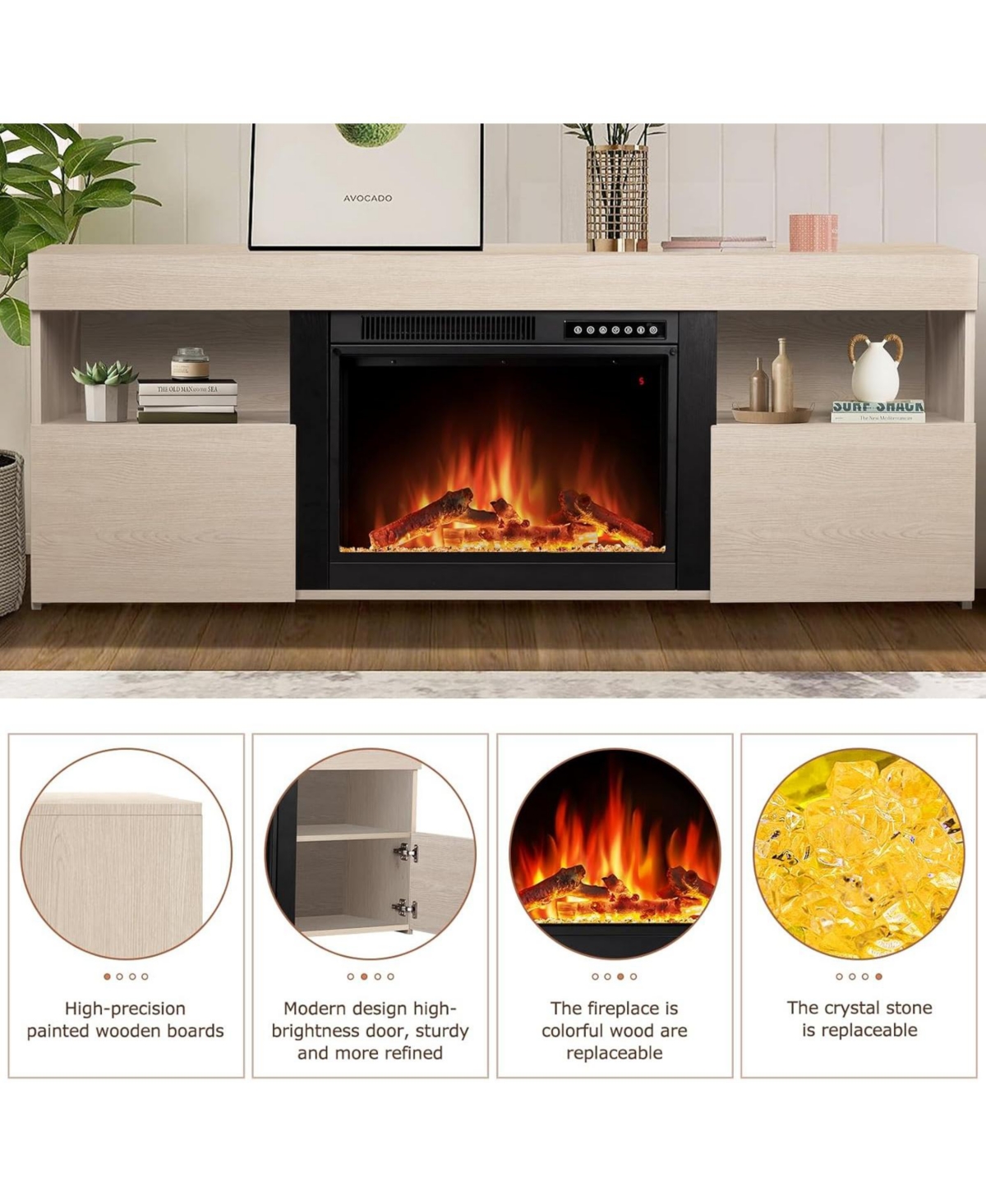 Cowsar 60" Fireplace Tv Stand Mantel Wood Surround Firebox Freestanding Fireplace Heater Infrared Quartz Heater Adjustable Led Flame, Remote Cont