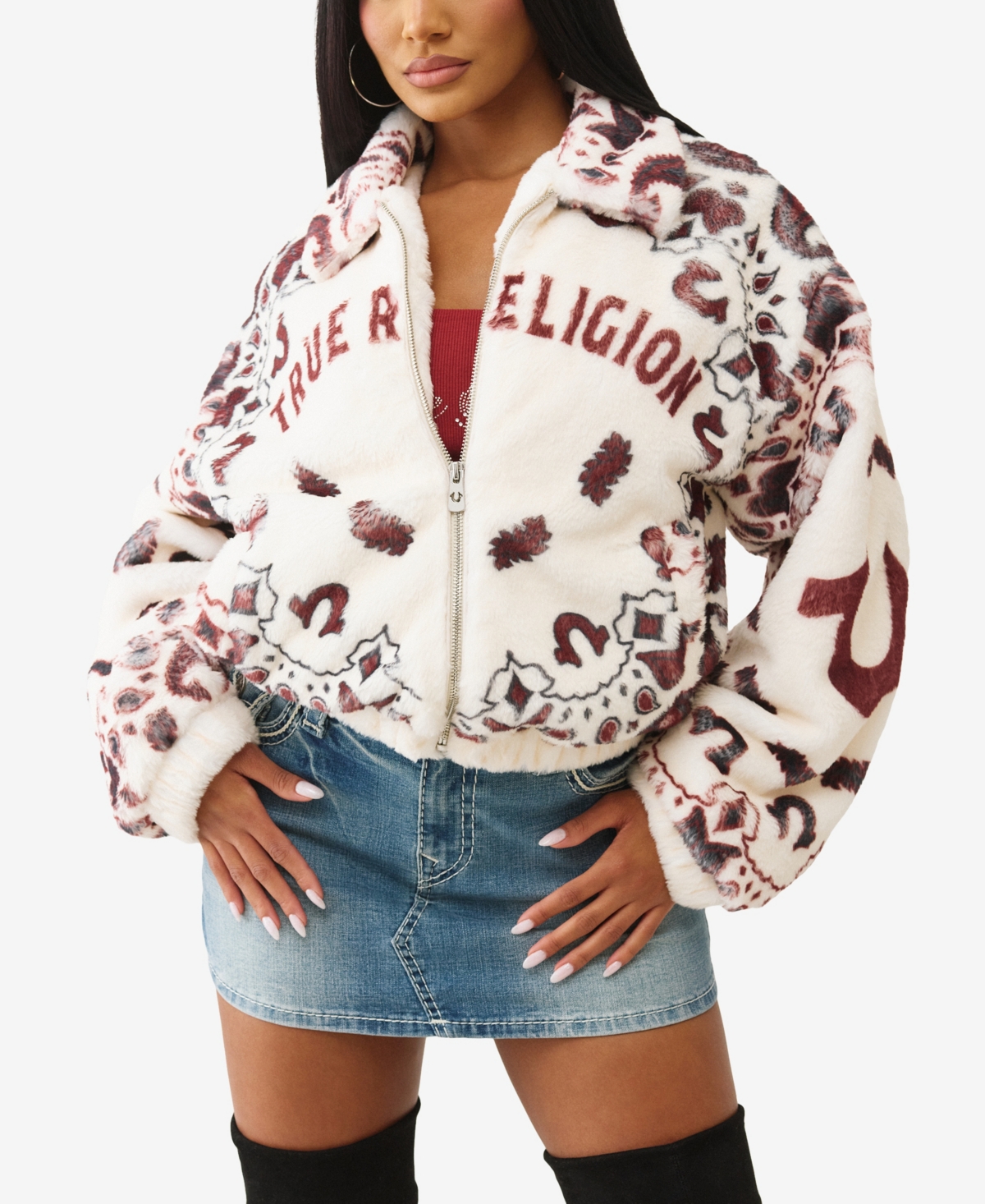 True Religion Women's Printed Faux Fur Bandana Jacket