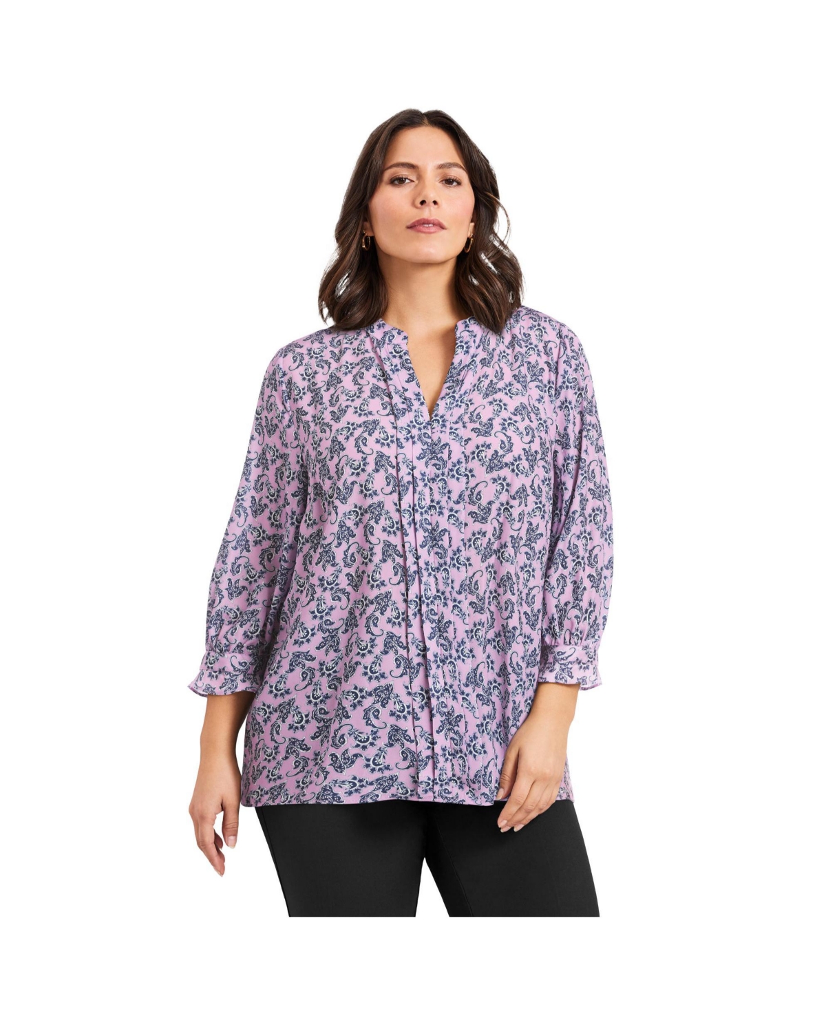 Avenue Women's Plus Size Pintuck Popover Top - Purple paisley scroll