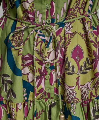 Women's Floral Button-Down Mini Dress with Tiered Skirt And Waist Tie