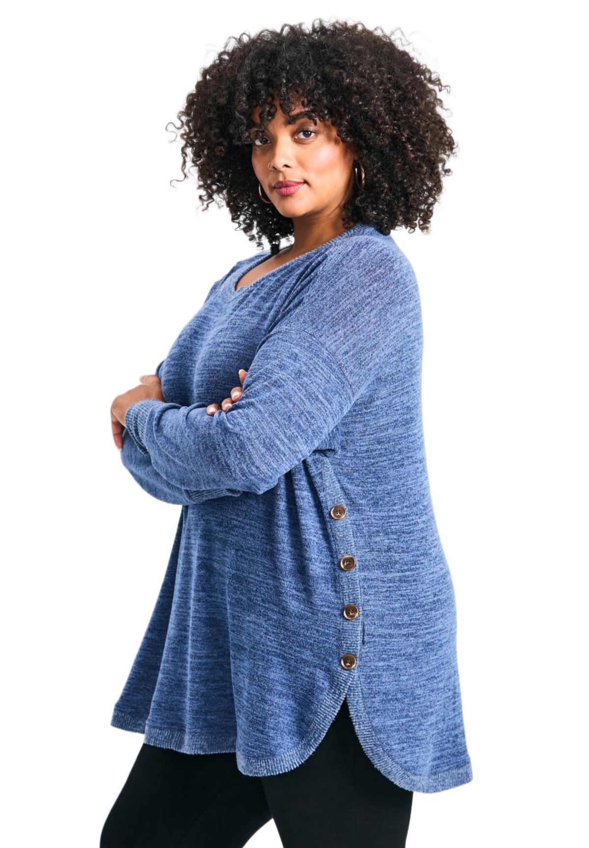 Avenue Women's Plus Bec Button Detail Hacci Top