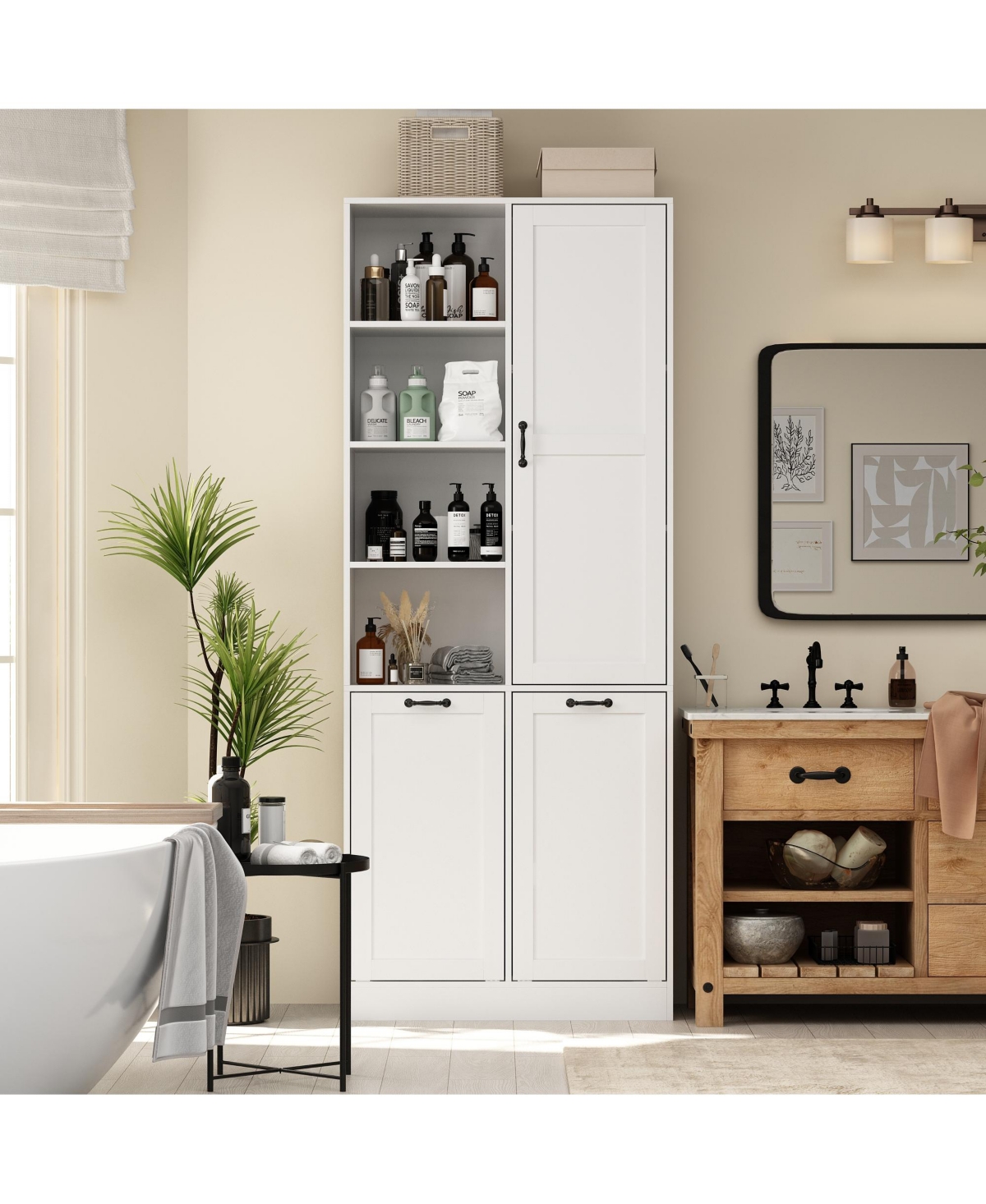 Homsee Bathroom Cabinet with Flip Storage and 7-Shelves