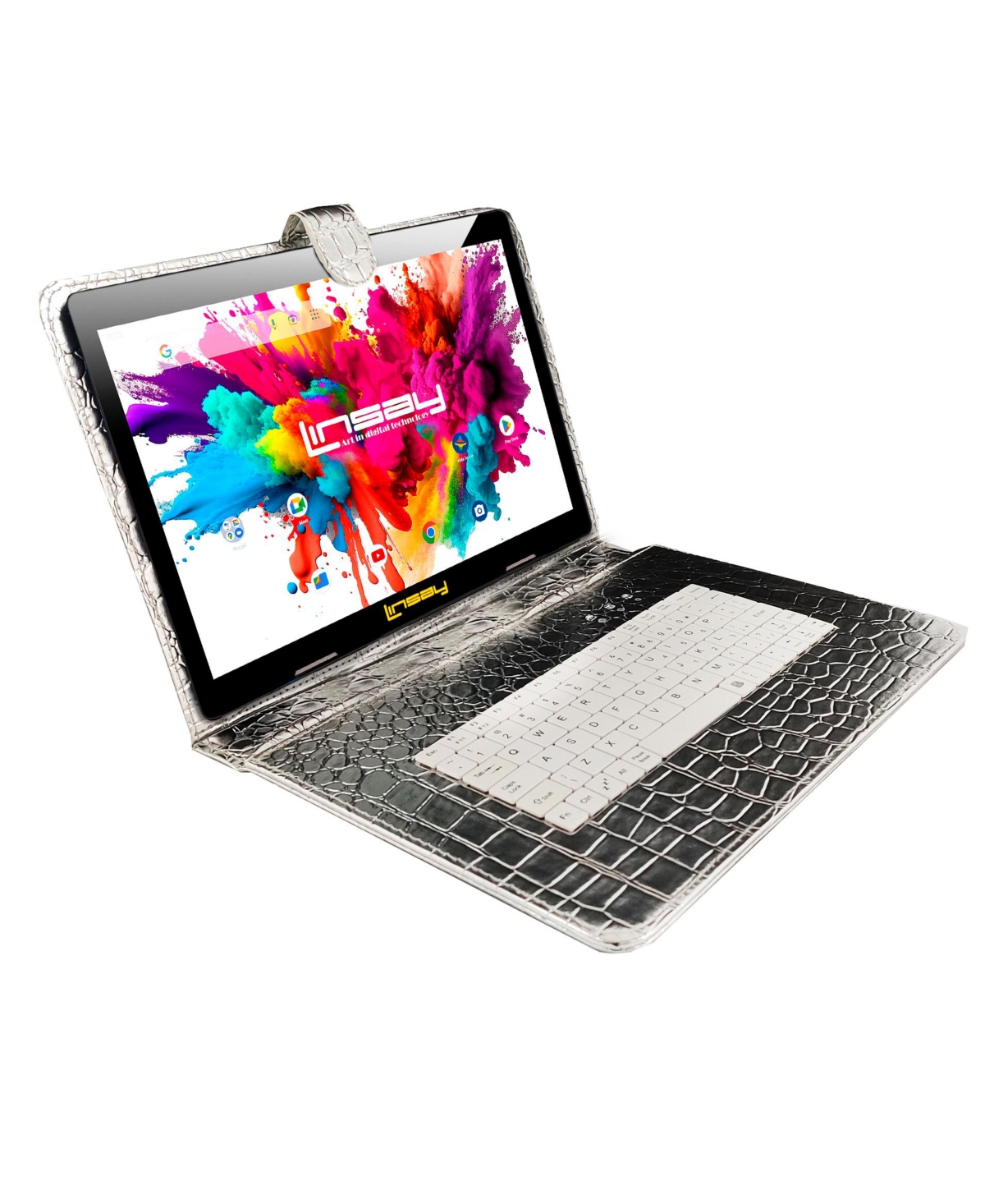 New Linsay 10.1" Tablet Octa Core 128GB Bundle Deluxe with Silver Keyboard Newest Android 15