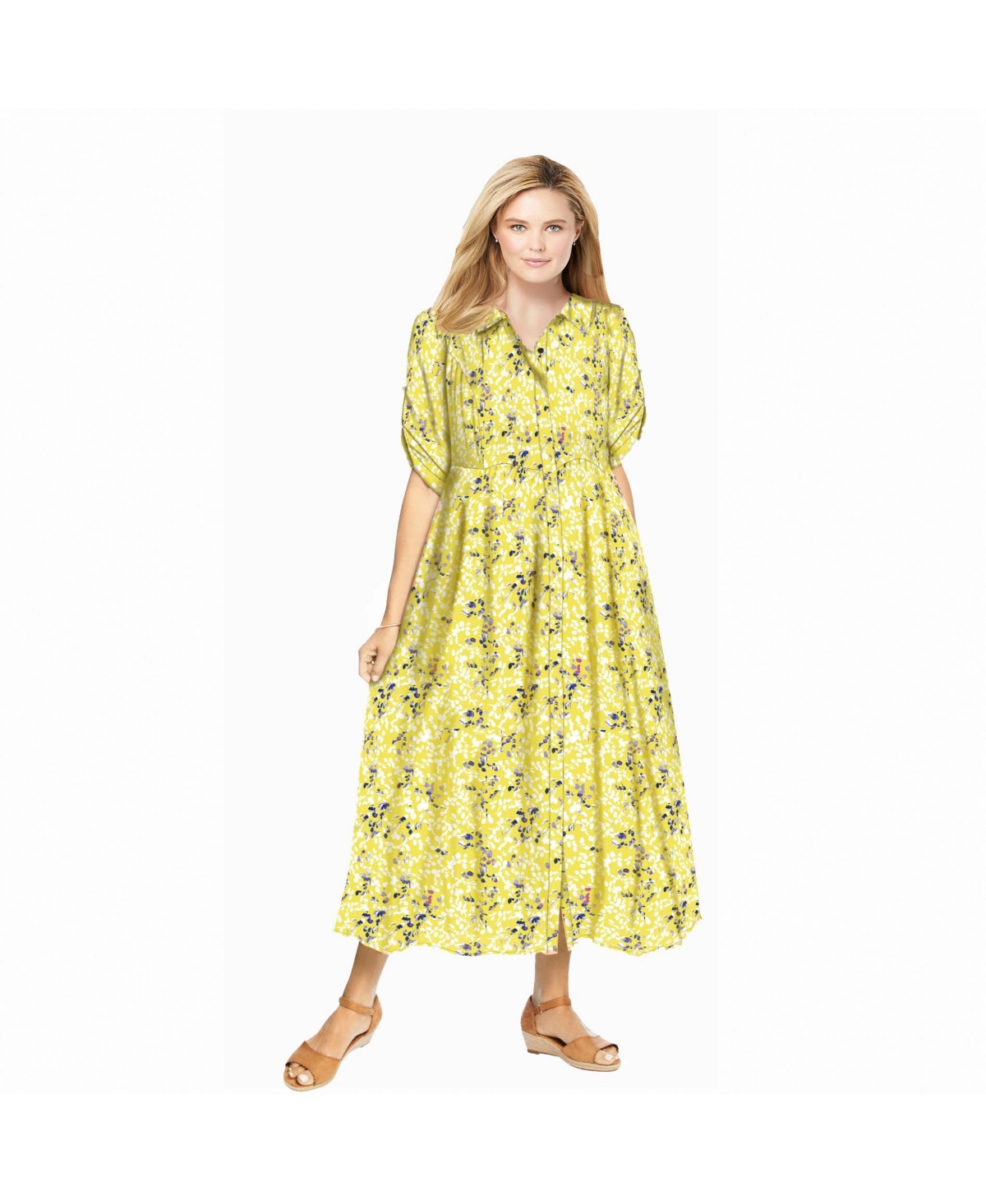 Woman Within Women's Roll-Tab Sleeve Crinkle Shirtdress