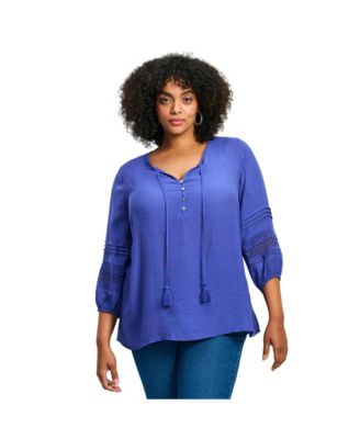 Women's Plus Size Pintuck Lace Peasant Top