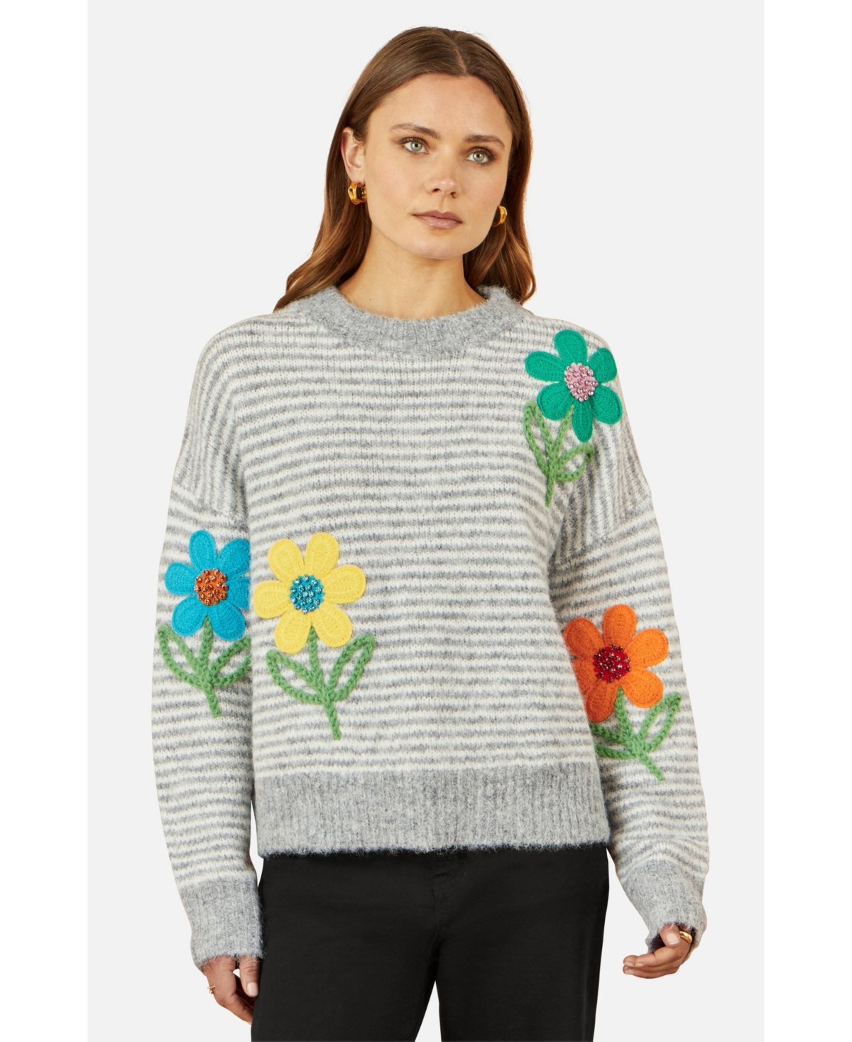 Yumi Women's Striped Relaxed Fit Jumper With Flowers