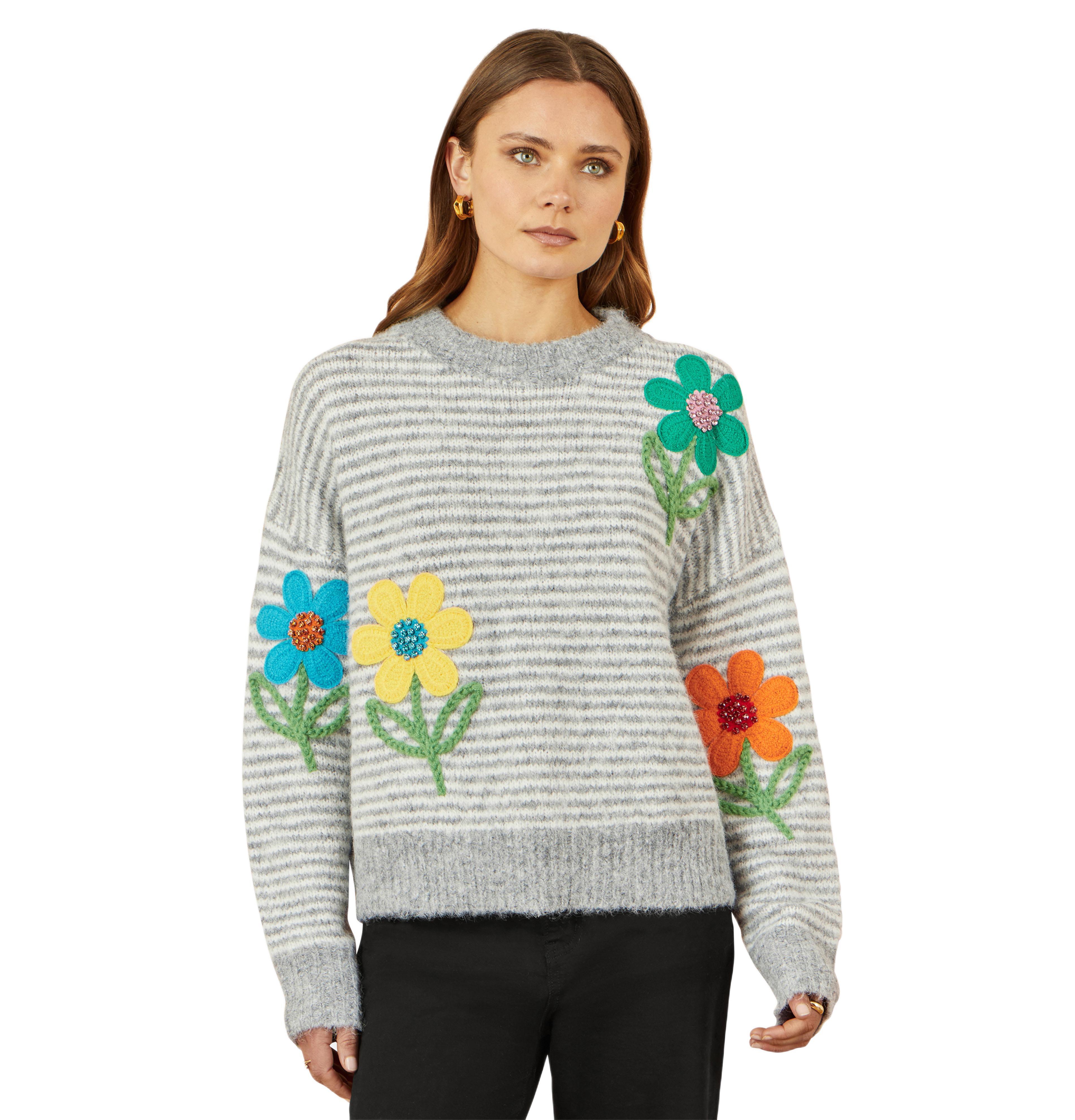 Yumi Women's Striped Floral Relaxed Fit Sweater