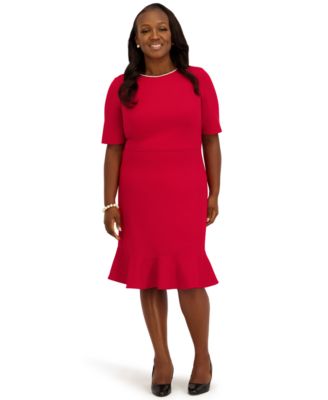 Women's Round Neck Knee Length Ruffle Skirt Dress, Regular and Plus Size