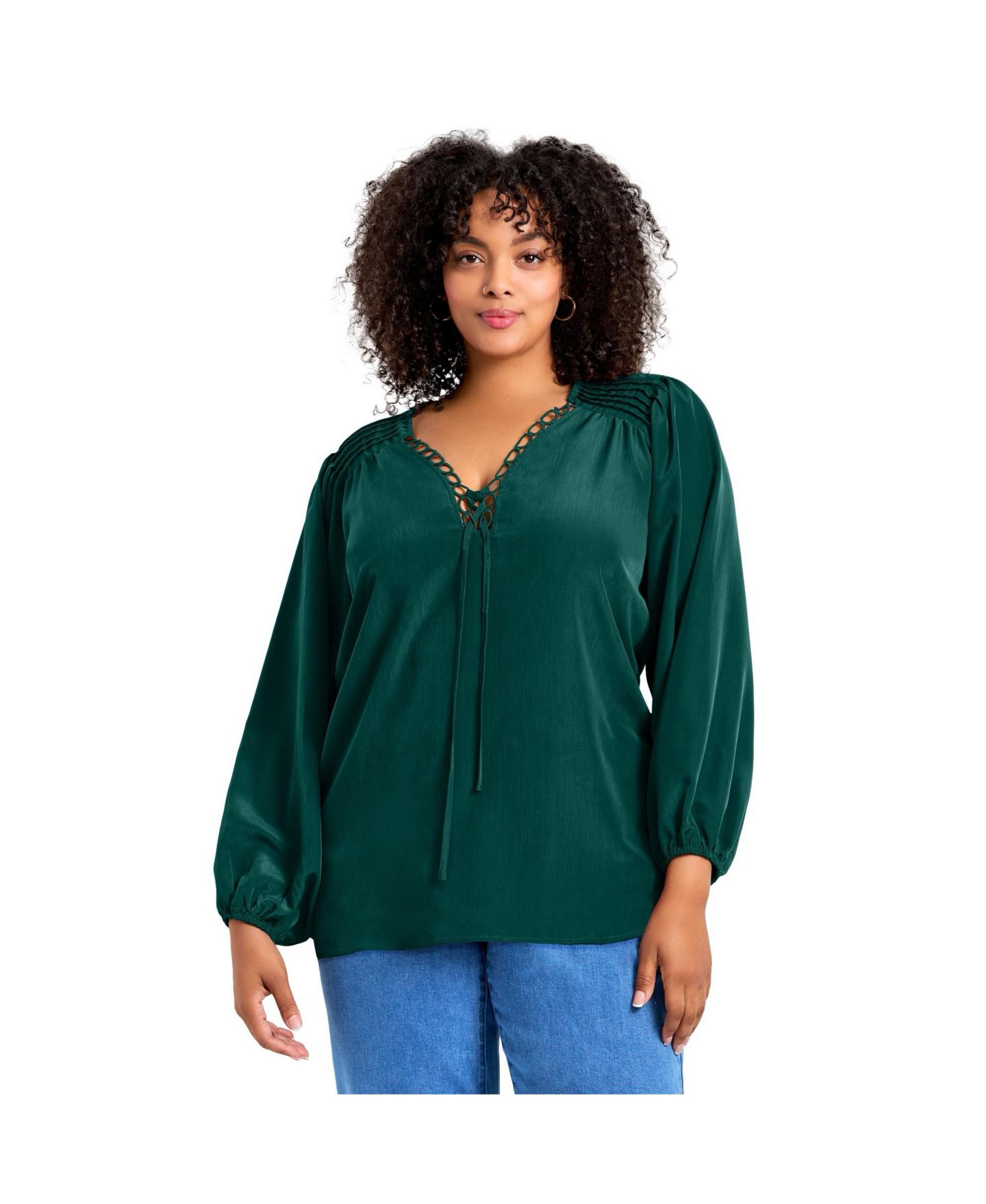 Женская блузка Avenue Plus Size Scallop Trim Peasant, цвет: Изумрудный зелёный — фото 1