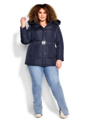 Women's Plus Size Belted Hood Puffer Coat