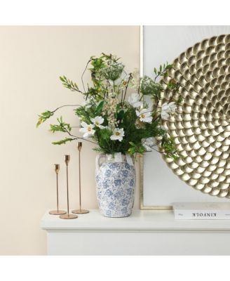 Vintage Blue Floral Vase with Handles, Decorative Ceramic Jar for Farmhouse Decor