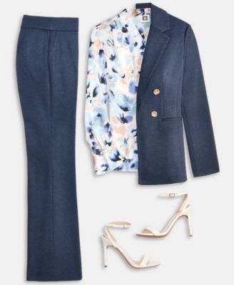 Women's Faux Double-Breasted Notch-Collar Jacket, Printed V-Neck Split-Cuff Blouse & High-Rise Pull-On Compression Pants