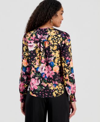 Women's Printed V-Neck Pleated-Back Top