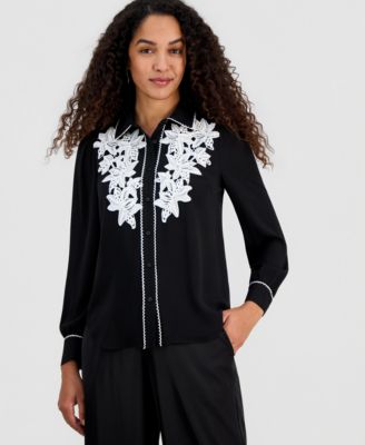 Women's Contrast-Trim Button-Down Blouse