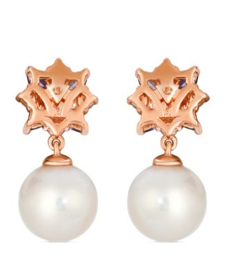 Freshwater Pearl (8-9mm), Amethyst (0.12 ct. t.w.), Rhodolite (0.18 ct. t.w.), & Diamond (0.20 ct. t.w.) Earrings in 14k Strawberry Gold