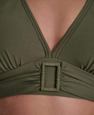 Women's Shirred Buckle Front V-Neck Halter Top