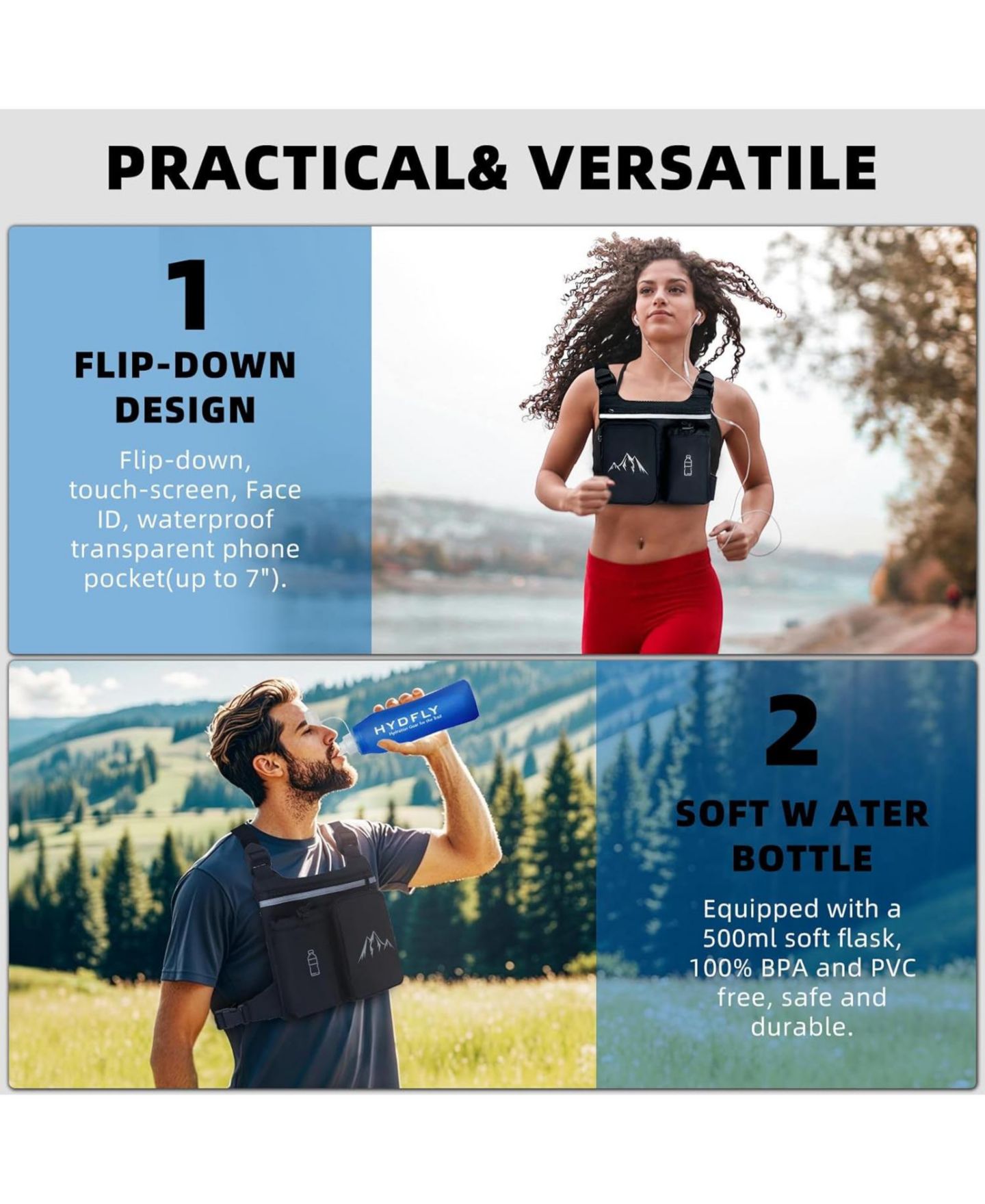 Женский жилет BATFOX Running Vest Chest Pack with Hydration Bottle & Reflective Gear, Sport Chest Bag for Men & Women (Slate), цвет: Чёрный — фото 7