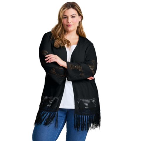 Женский кардиган Avenue Plus Size Pointelle Fringe, цвет: Чёрный