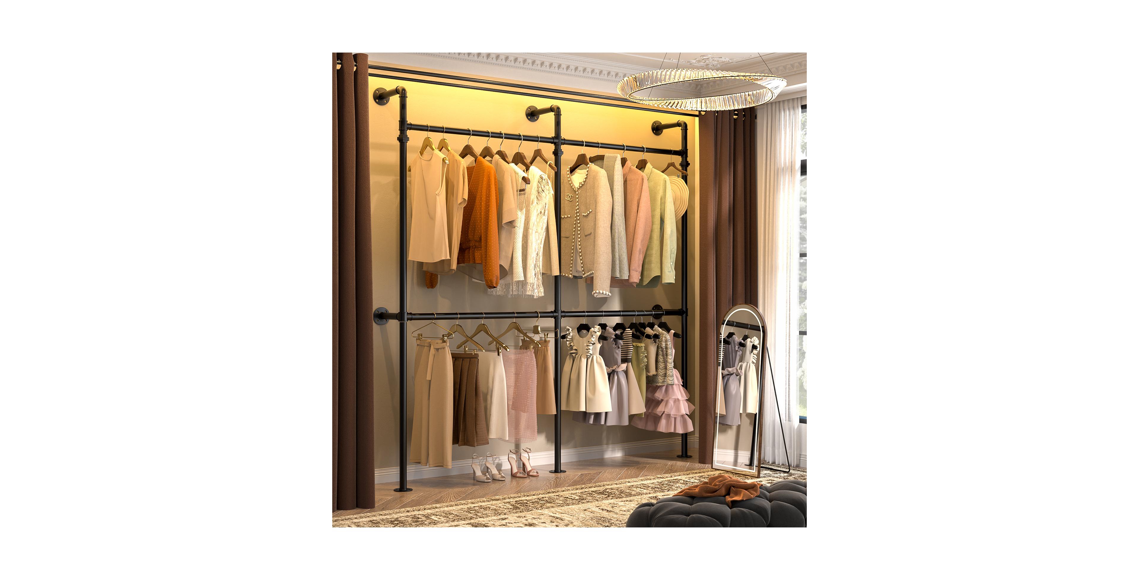 Aheaplus 3.5-13.5 Ft Reversible Wall Mounted Industrial Metal Pipe Clothing Rack for Hanging Clothes