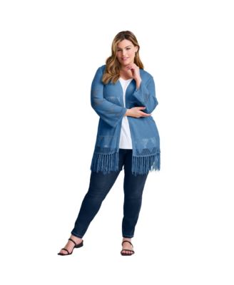 Women's Plus Size Pointelle Fringe Cardigan