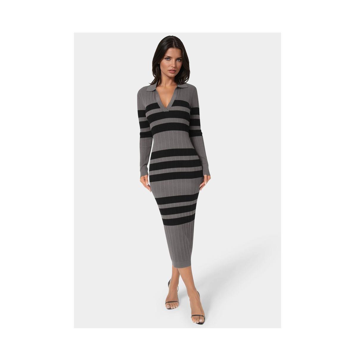 Bebe Women's Long Sleeve Collar Striped Knit Dress