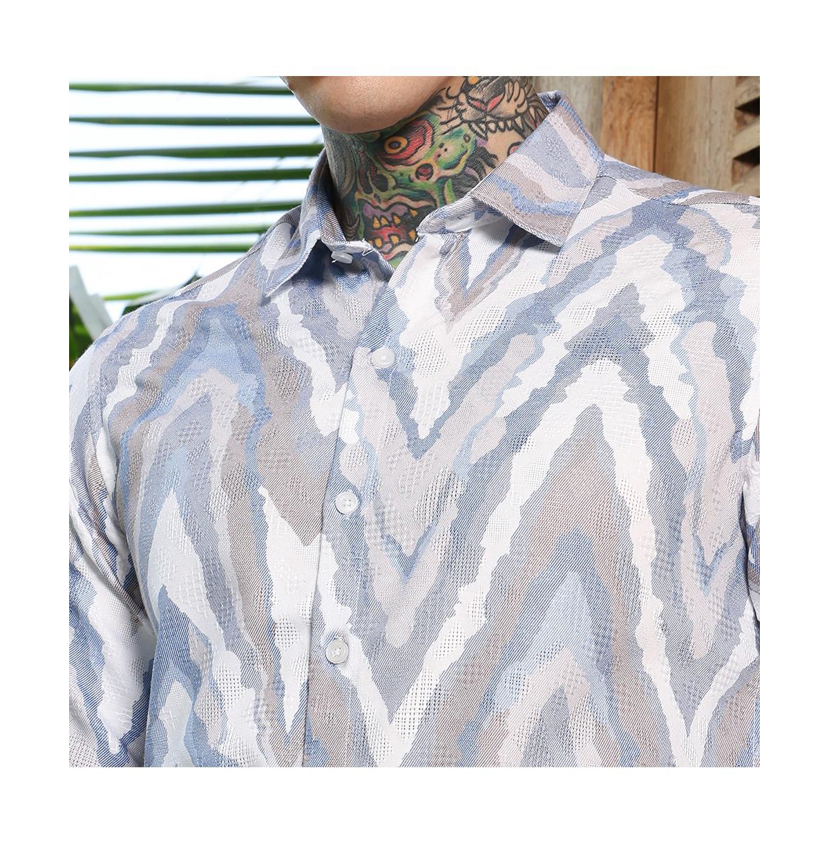 Campus Sutra Men's Icy Blue:Cream White Pastel-Geometric Jacquard Shirt