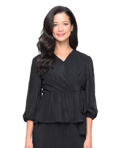 Petite 3/4-Sleeve Micro-Pleated Top - Black