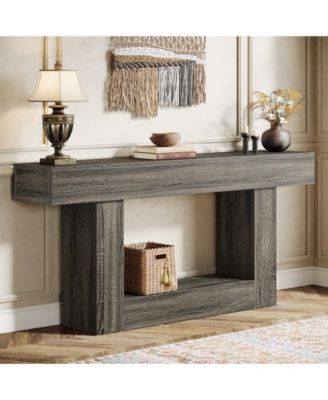63" Console Table, Farmhouse 2-Tier Entryway Table with U-Shaped Base, Narrow Long Wood Sofa Table Behind Couch Table