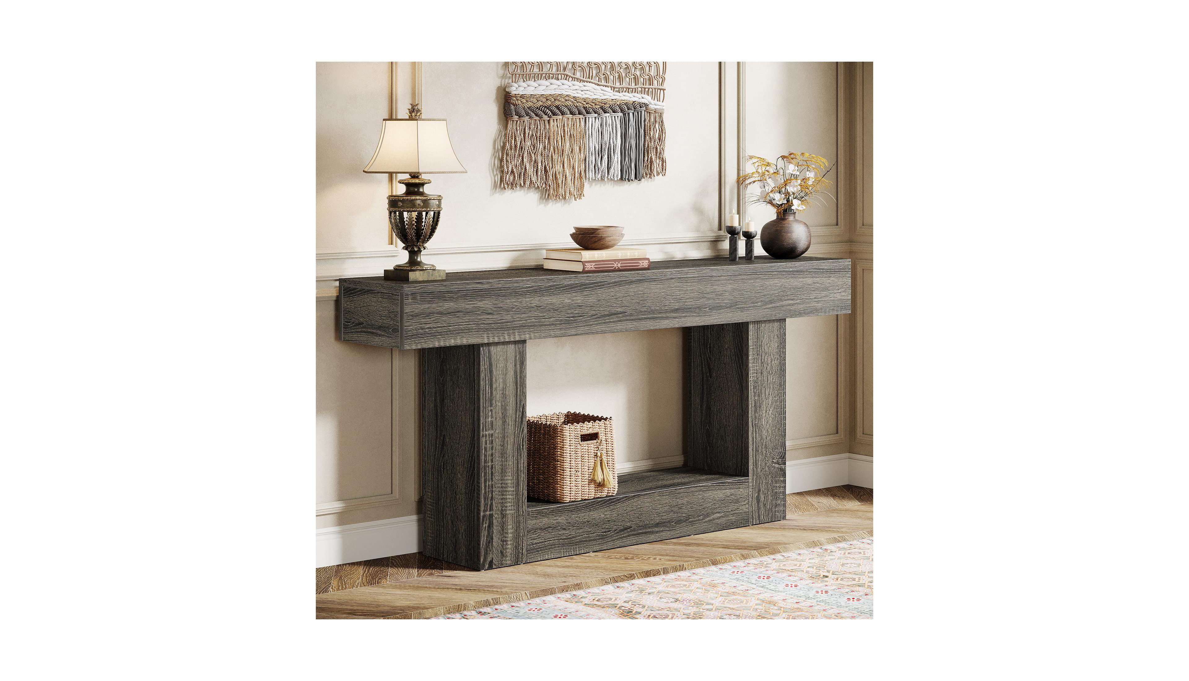 Tribesigns 63" Console Table, Farmhouse 2-Tier Entryway Table with U-Shaped Base, Narrow Long Wood Sofa Table Behind Couch Table