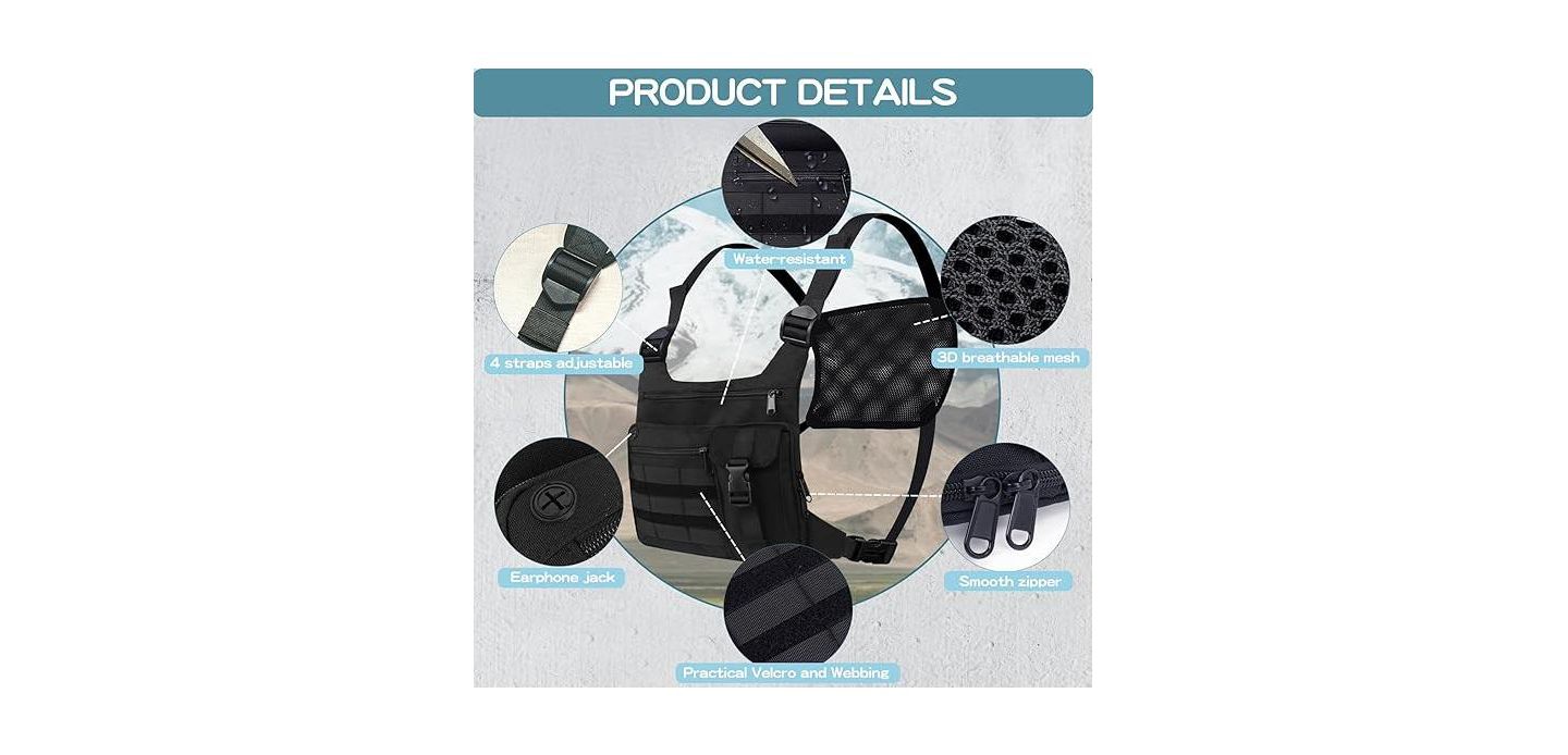 Мужской жилет BATFOX Tactical Chest Pack Running: Lightweight Water-Resistant Outdoor Sports Vest for Hiking EDC - Men & Women, цвет: Чёрный — фото 2