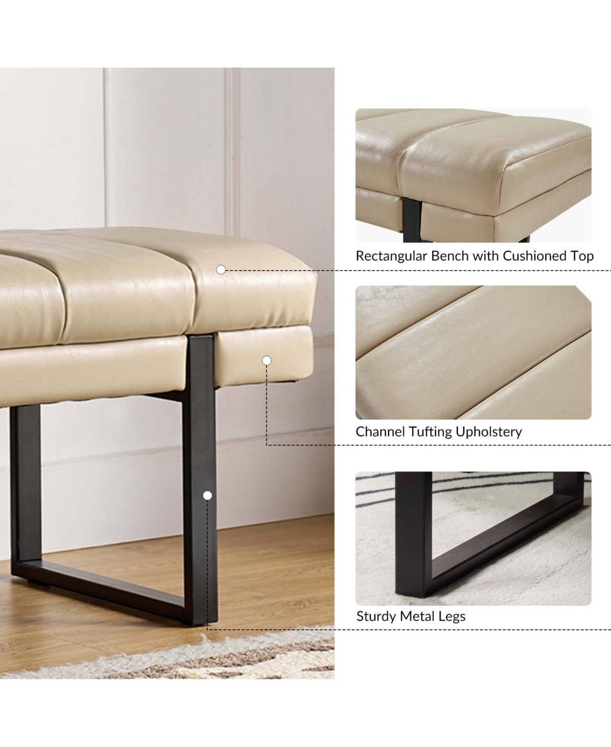 Mid-century Modern Laurens Upholstered Bench with Metal Legs