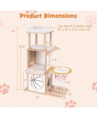 47 Inches Wooden Cat Tree with 2-Story Cat Condo and Basketball Hoop Hammock