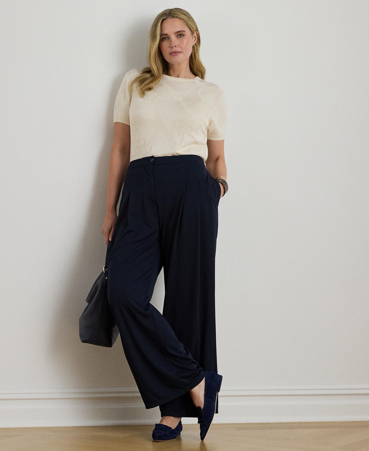 Ralph Lauren Plus Size Belting-motif Short-sleeve Sweater In Neutral