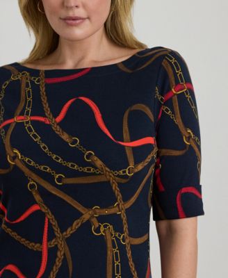 Plus Size Print Stretch Boat Neck T-Shirt