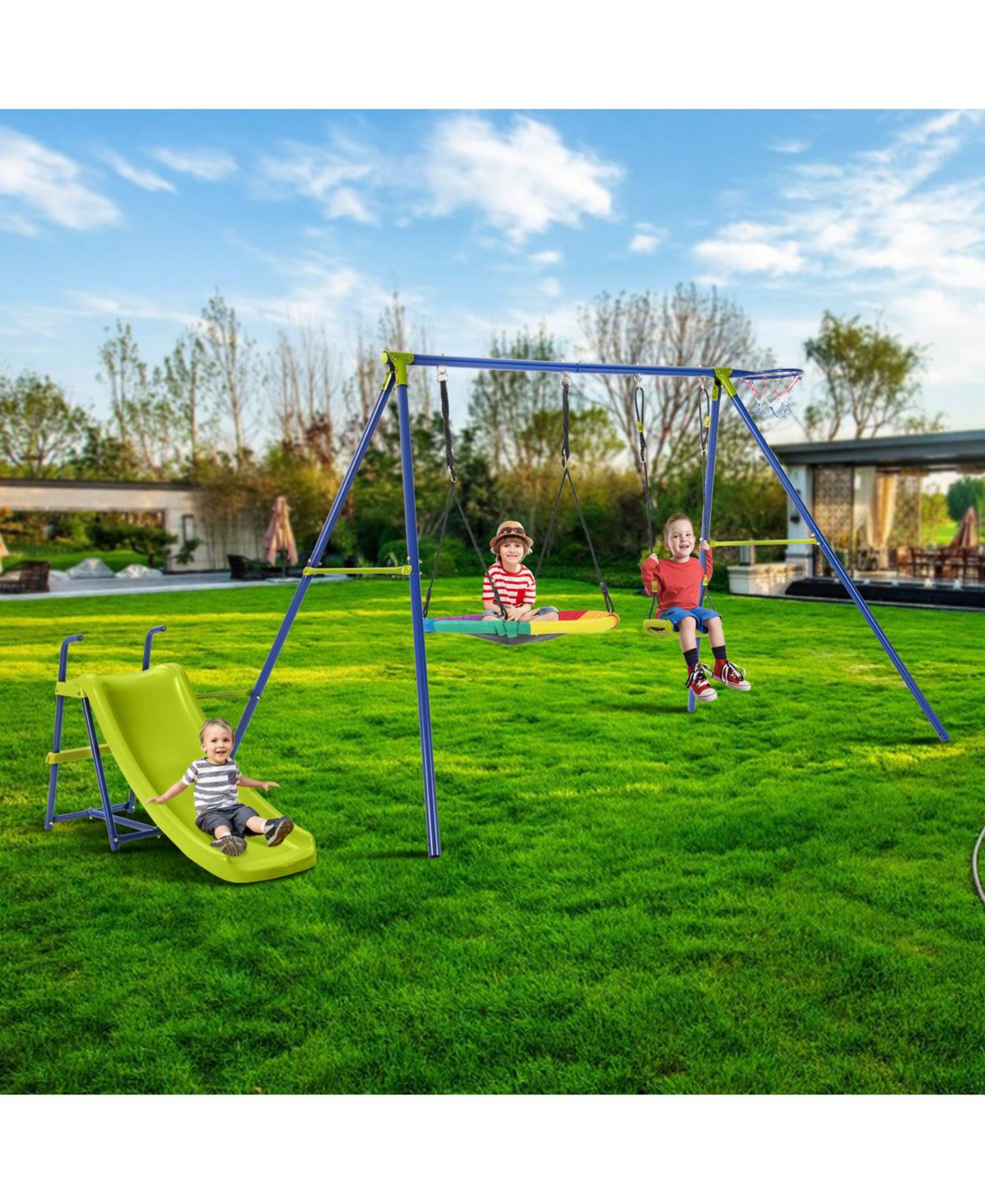 Детский игровой набор SKONYON 4-in-1 Adjustable Metal Playset with Slide, Basketball Hoop & Swings, Ages 3-12, цвет: Синий — фото 2