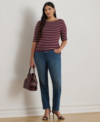 Plus Size Striped Cotton Boatneck T-Shirt 