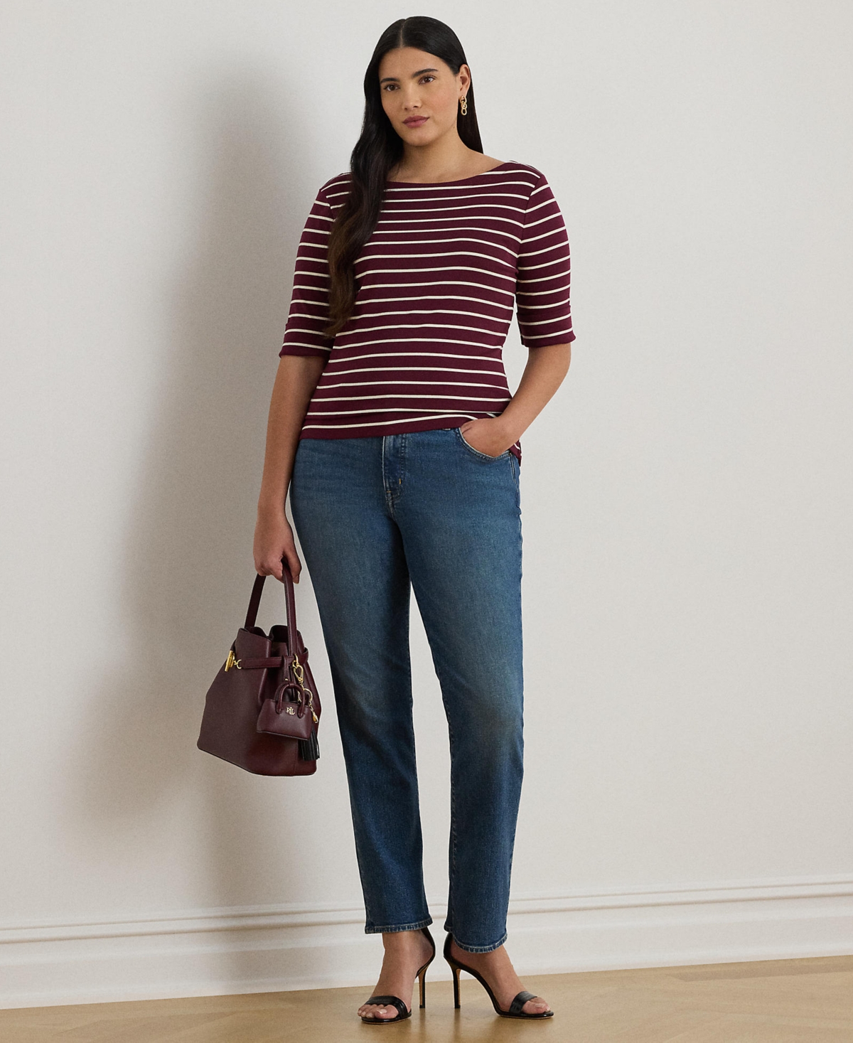Ralph Lauren Plus Size Striped Stretch Boat Neck T-shirt In Burgundy